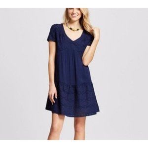 Knox Rose Boho Navy Blue Eyelet Lace Tiered Ruffle Mini Dress Size L